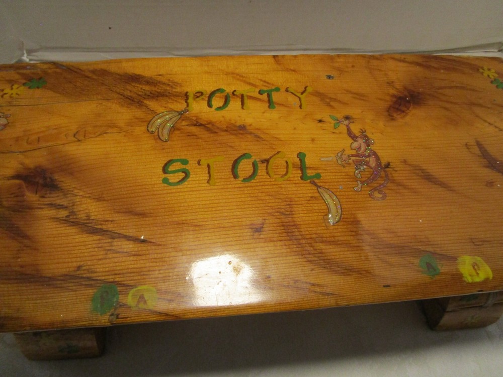 Vintage Rustic Handcrafted Wood Log Slab Potty Step stool Hand Painted Primitive