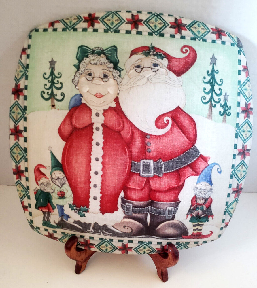 Christmas Platter Reverse Painted Mr&Mrs Claus with Elves
