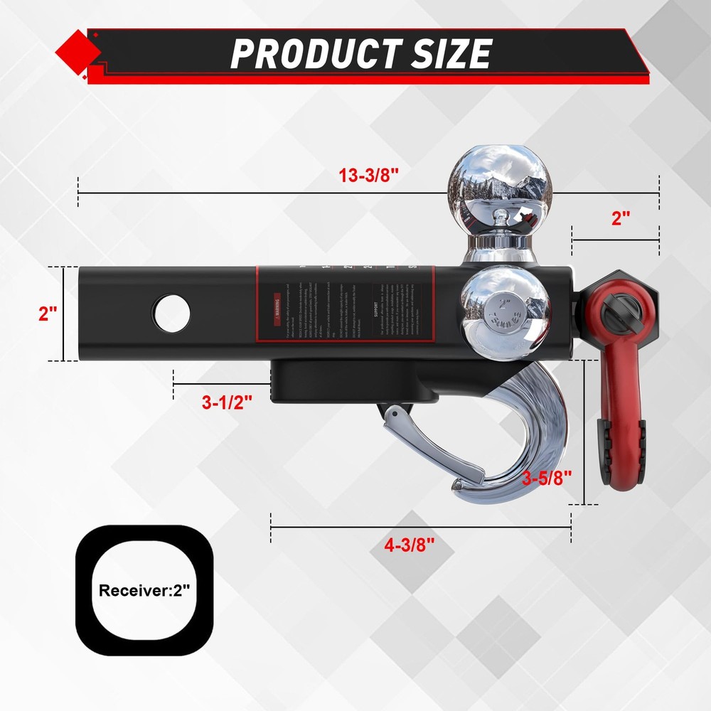Trailer Hitch Tri-Ball Mount w/ Hook&Pin&Rotatable Tow Shackle,Fit 2-in Receiver