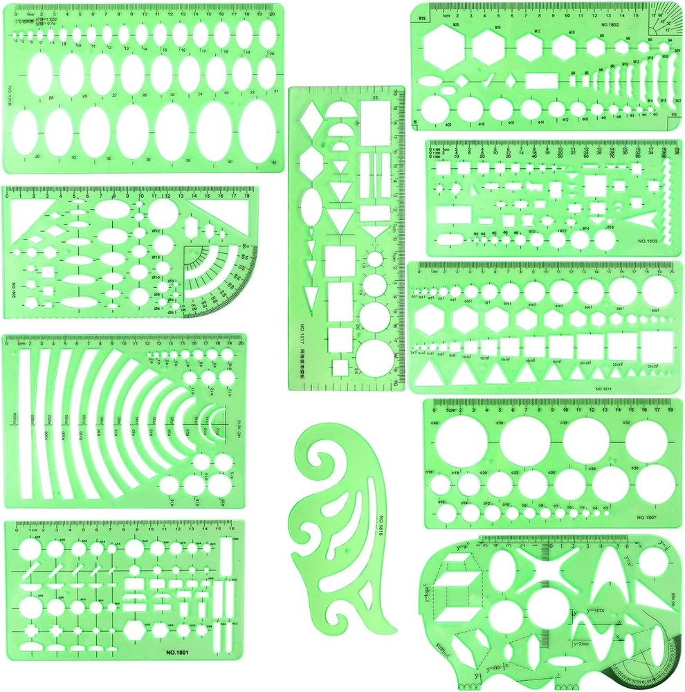 11PCS Geometric Drawings Templates, Drafting Stencils Measuring Tools,