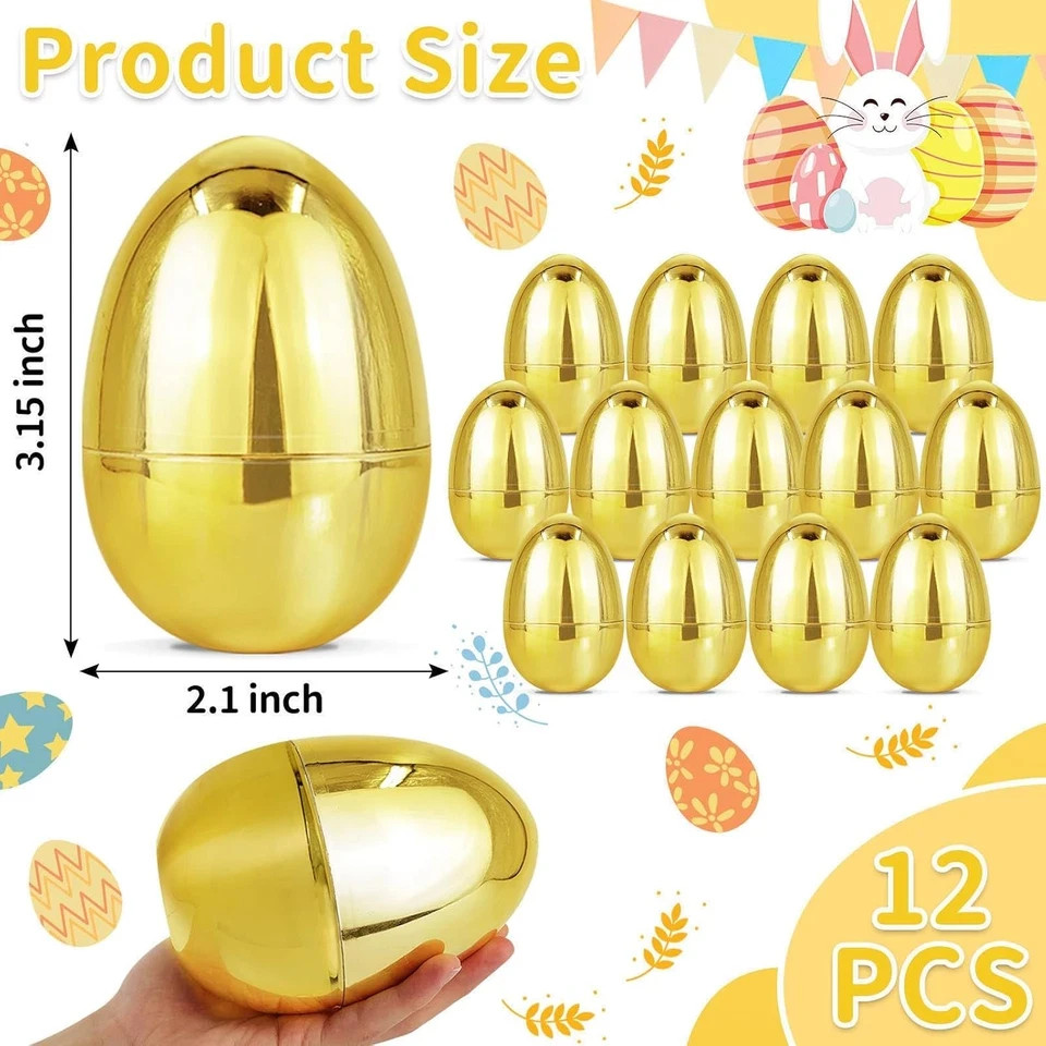 12 Pack 3.15" Large Golden Easter Eggs Empty, Shiny Metallic Plastic Easter Eggs