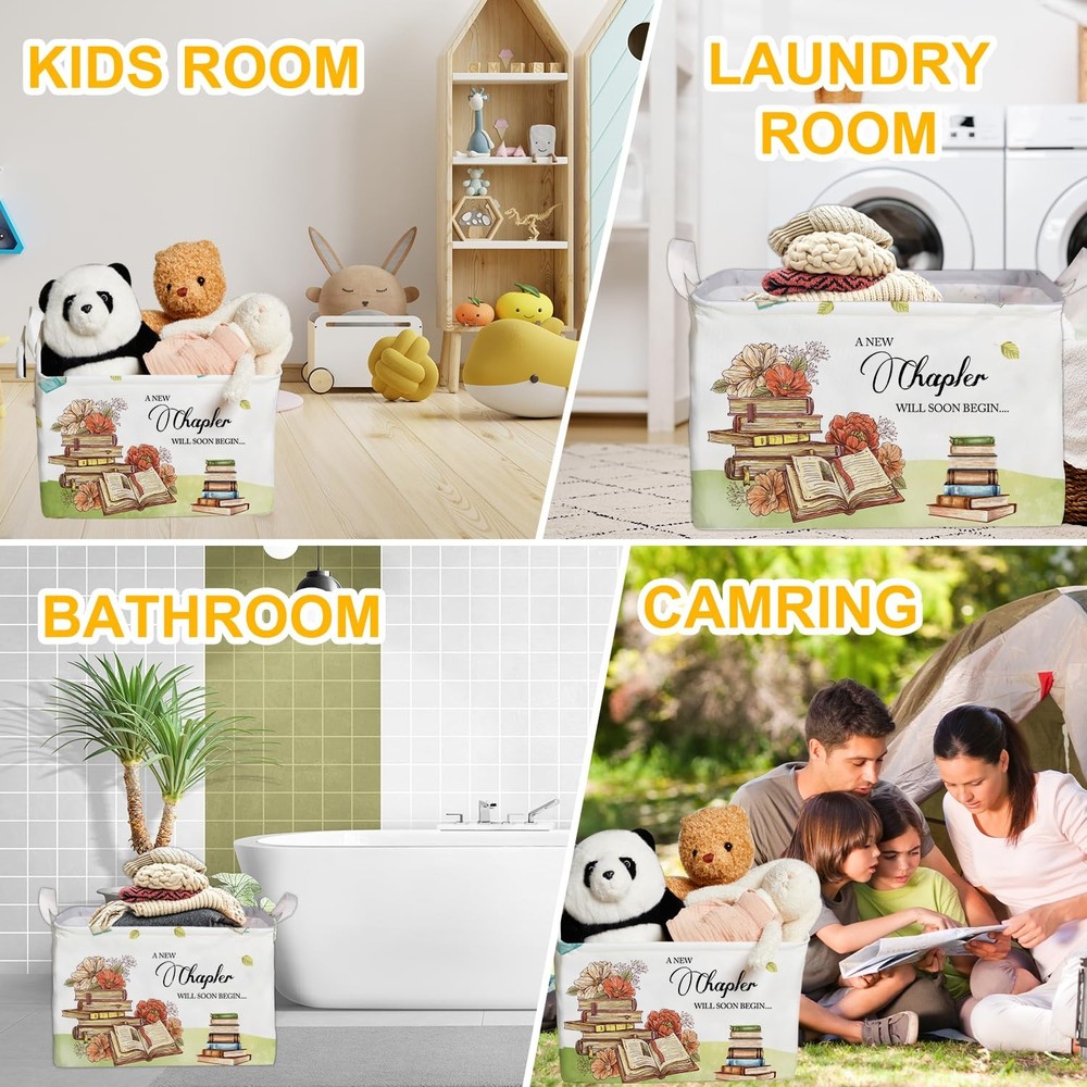 Book Theme Foldable Storage Basket with Handles, Waterproof Fabric Organizer ...