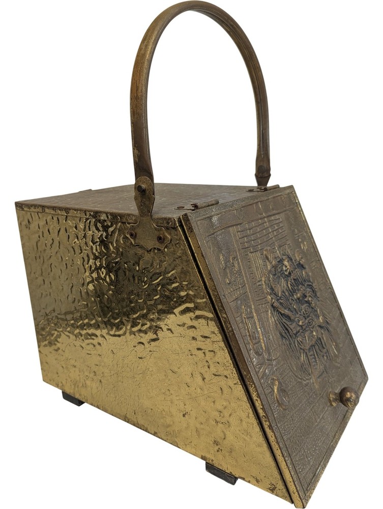 Antique Brass Fireplace Coal Box Scuttle with Embossed Design Handle *No Scoop*