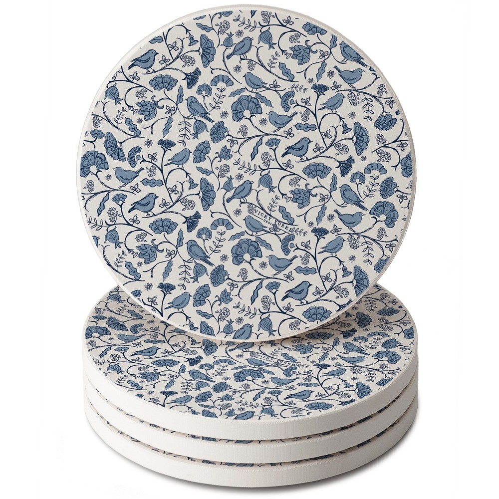 Vintage Flock 4 Pack Round Absorbent Stone Coasters with Protective Cork Backing