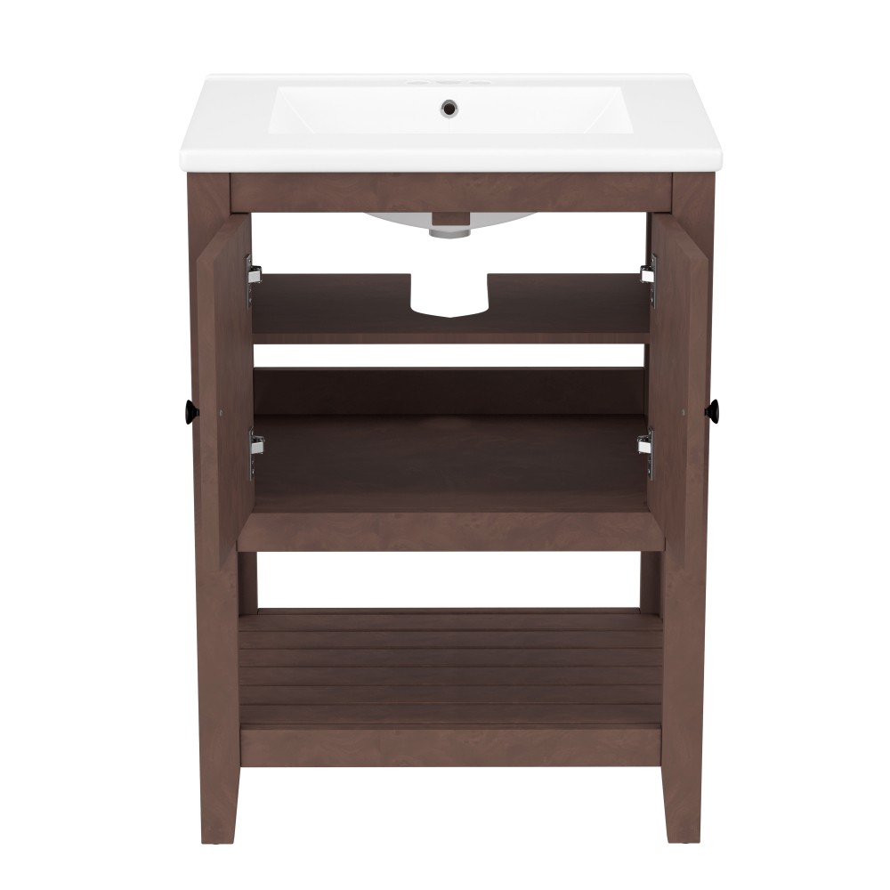 Bathroom vanity W solid wood frame Features open shelving Includes ceramic sink