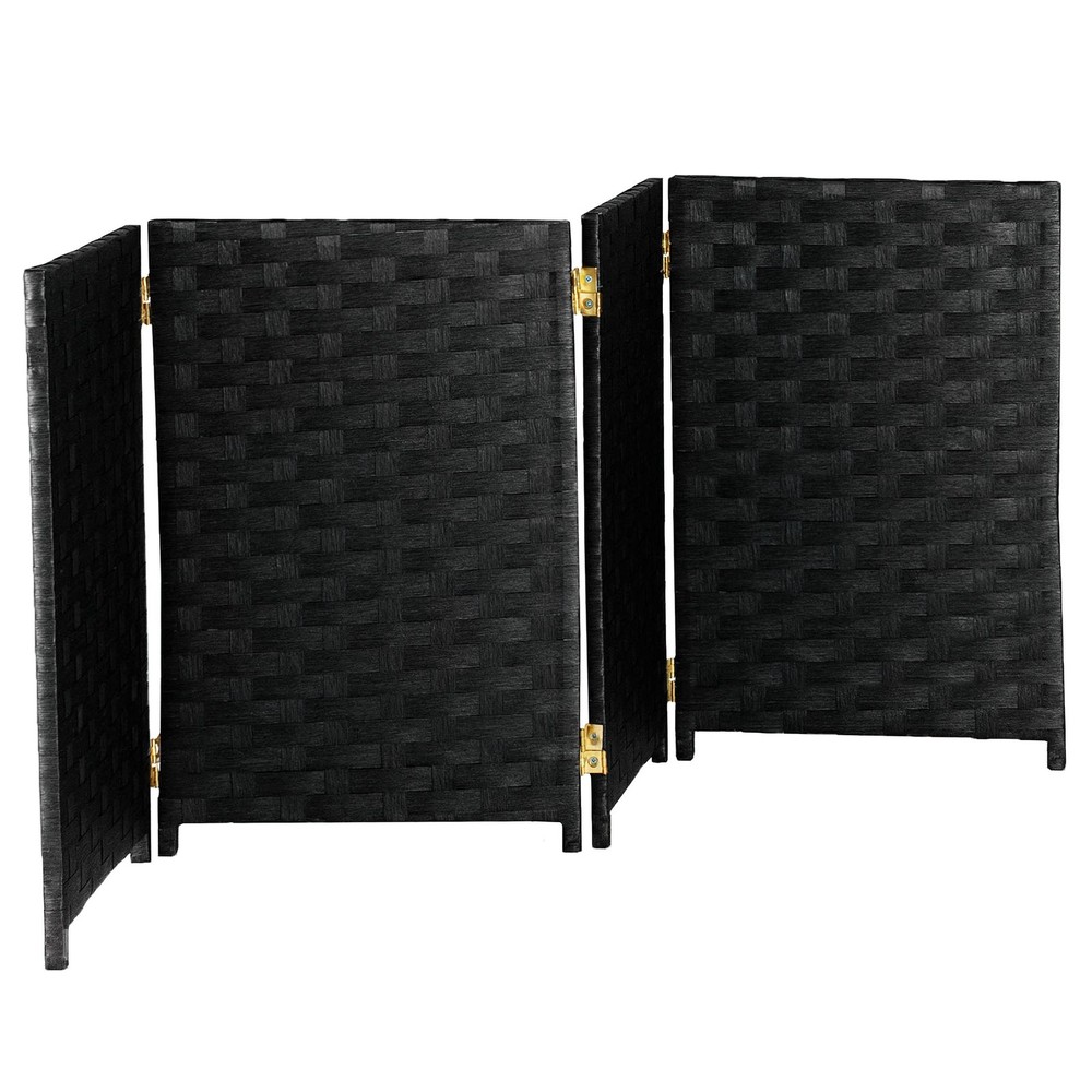 2 ft. Short Woven Fiber Folding Screen - 4 Panel - Black