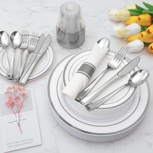 175 Piece Plastic Dinnerware Set for 25 Guests, Silver 175 Piece (25 guests)