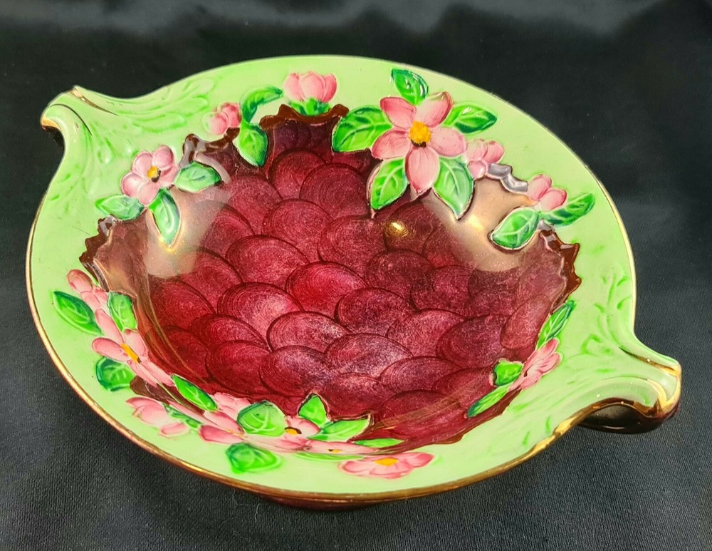 Maling Ware Hand Painted "Blossom Bough" Two Handle Dish c1960s