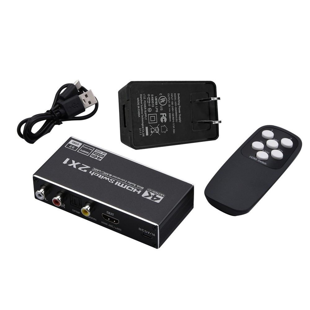 2x1 HDMI Switch Audio Extractor With R/L+Toslink Adapter Audio Switcher Selector