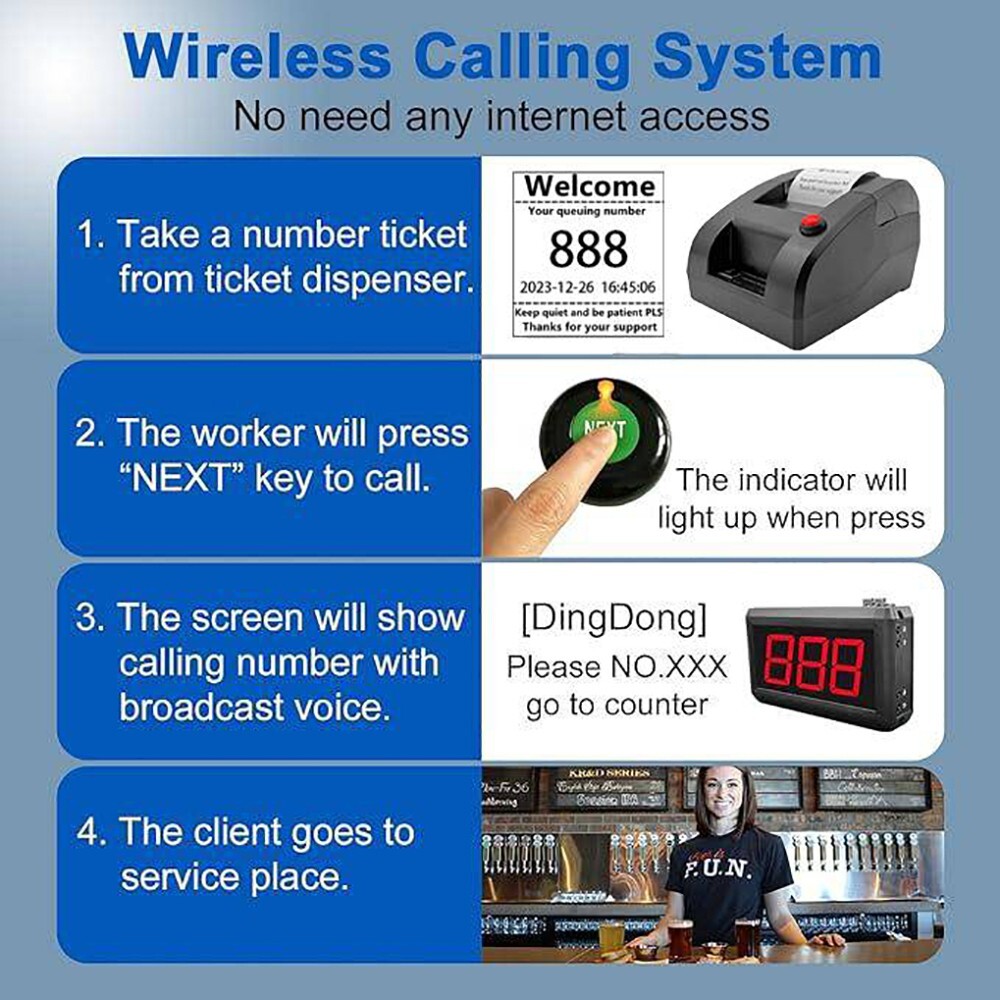 Wireless Queue Management System 3-Digit Display with Next Control Button