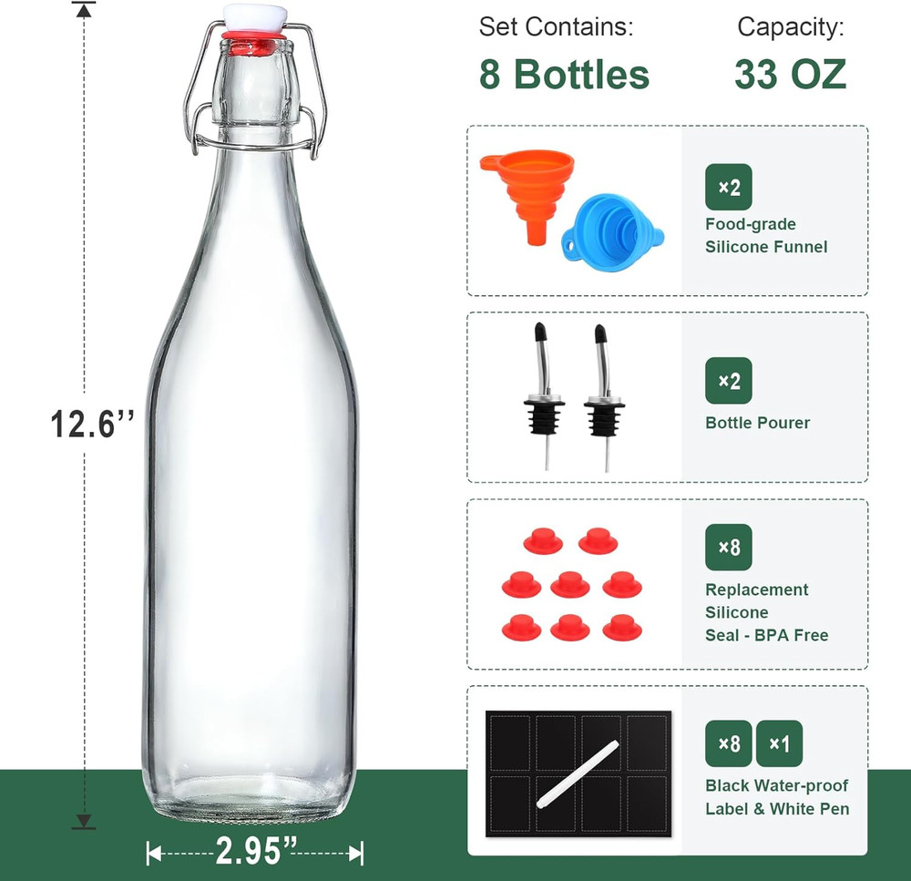 8 Pack [1 Liter / 33 Fl. Oz.] Swing Top Glass Bottles W/ Airtight Stopper Lids –