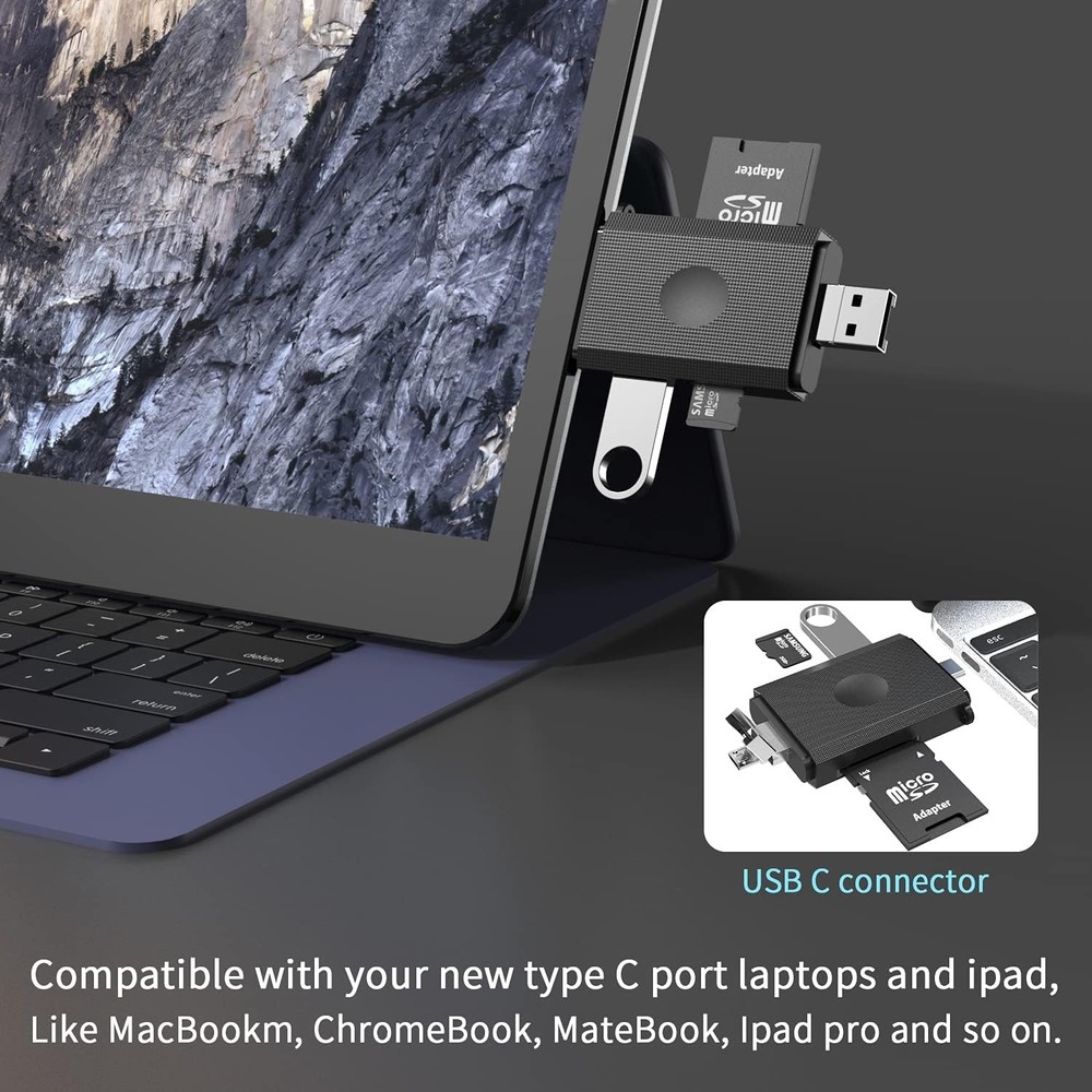 Portable 3-in-1 Micro USB to USB Type-C Memory Card Reader for All Formats