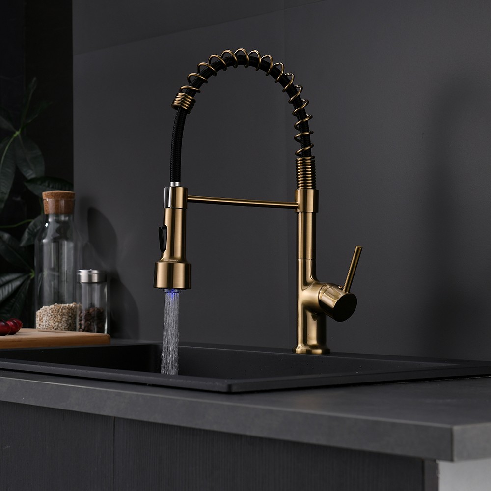 Commercial LED Kitchen Faucet with Pull Down Sprayer, Single Handle Single