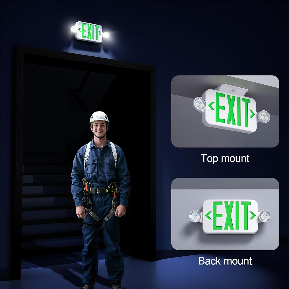 Led Exit Sign Emergency Light Combo Adjustable Two Head,Double Sided and Battery