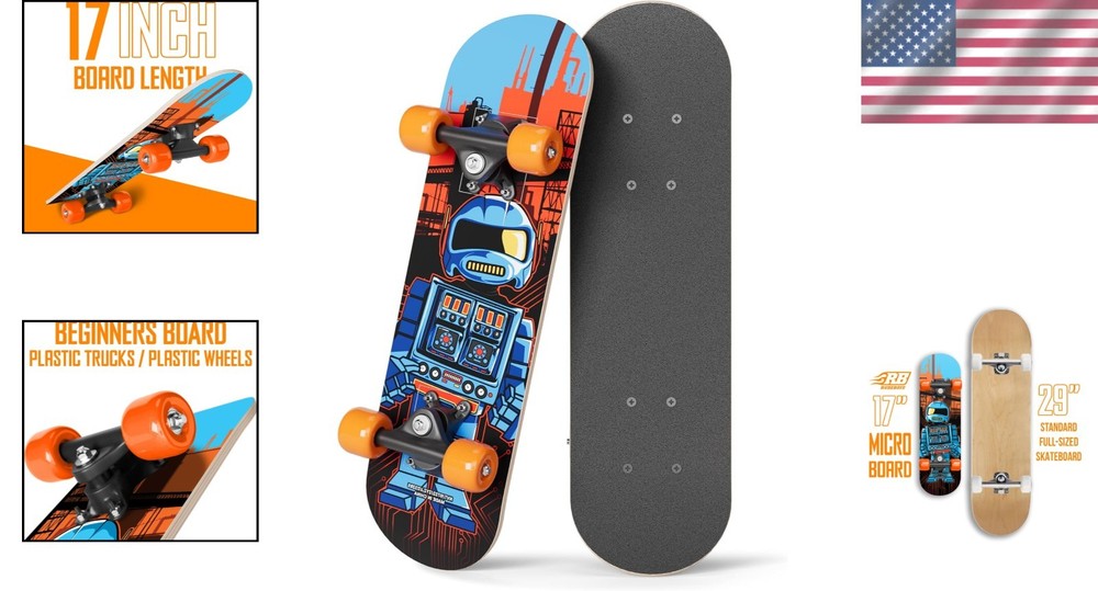 Beginner-Friendly 17" Skateboard with ABEC 7 Bearings, Ages 2-5, Robot Design