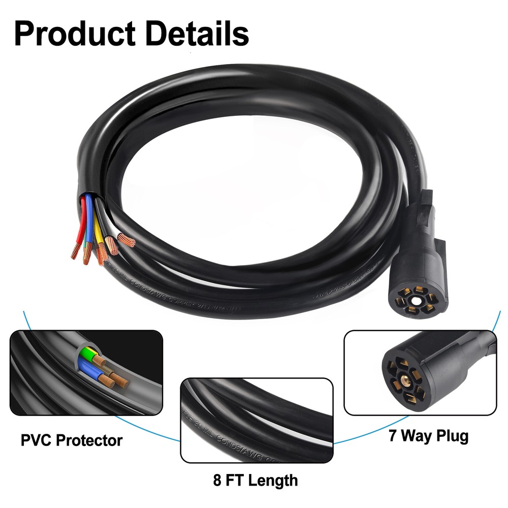 8 Feet 7 Way RV Trailer Plug Light Connector Trailer Cord 7Pin Wiring Harness