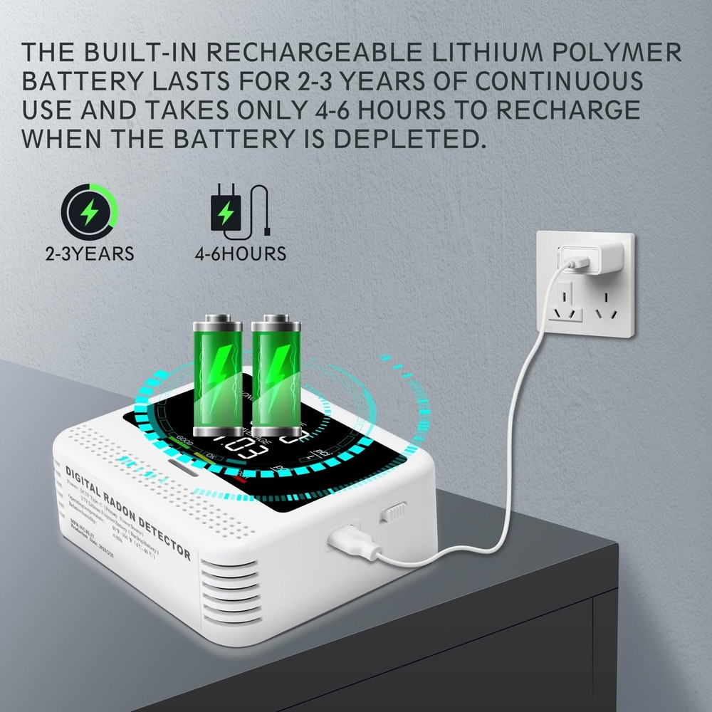 Digital Radon Detector - User-Friendly Desktop Device with HD LCD Display, 2-...