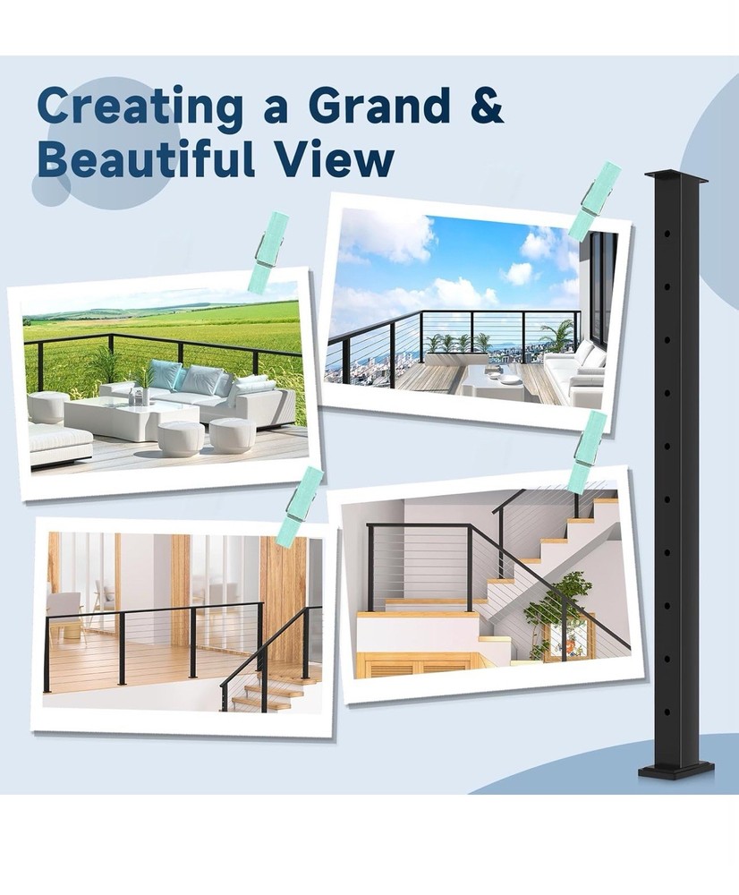 36" Cable Railing Post, Fixed Top Level Drilled Line Post with Cable