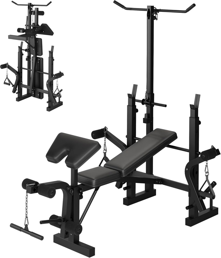 Adjustable Weight Bench with Leg Extension, Lat Pulldown, Elbow Support for Home