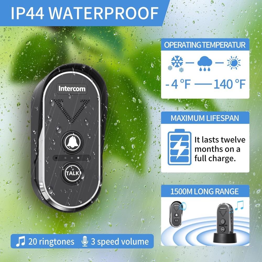 Wireless Doorbell with Intercom, Wireless Intercom System 4900ft Long Range W...
