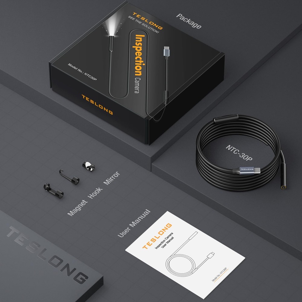 USB C Endoscope Camera with Light, Teslong Type-C Snake Borescope 10FT, black