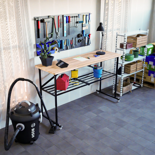 Foldable solid wood workbench with casters and adjustable height