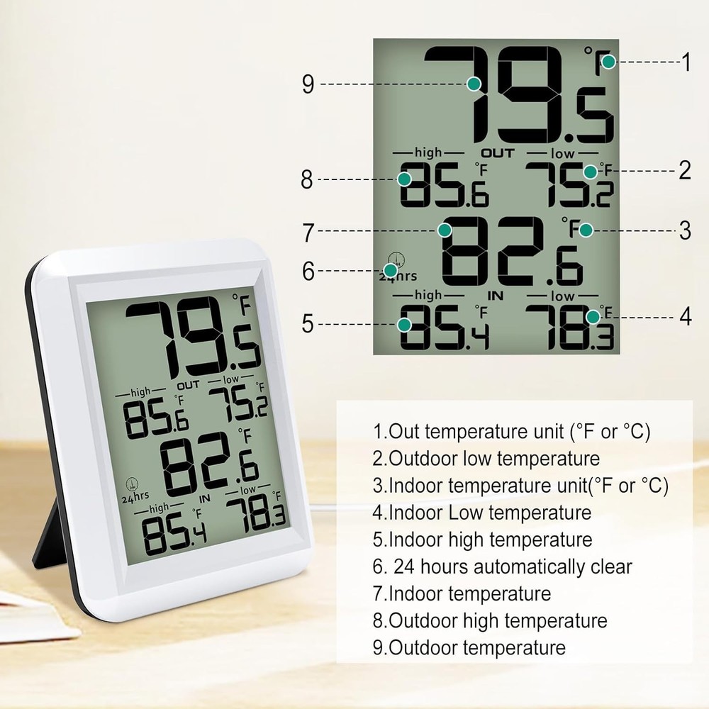 Digital LCD Thermometer for Home and Office - Wired, Waterproof, Compact Design