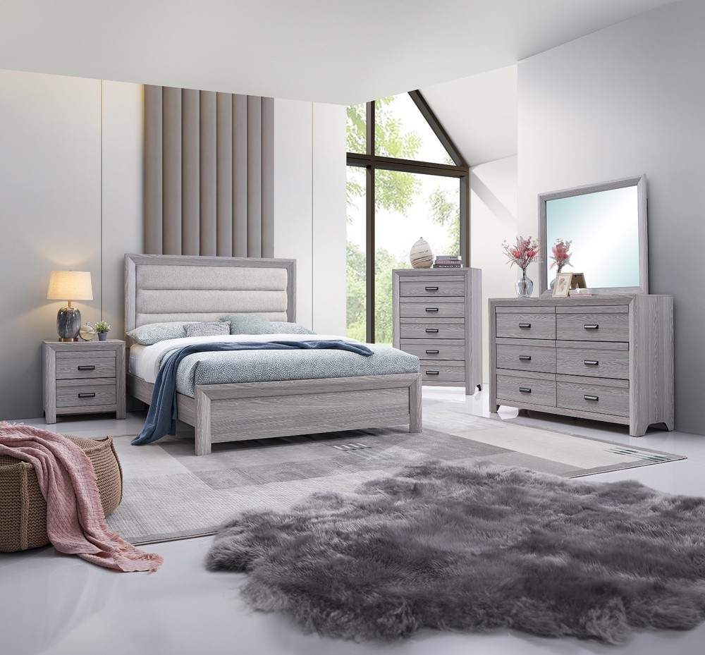 3Pc Rustic Gray Finish Queen Size Upholstered Panel Bed Nightstand Bedroom Set