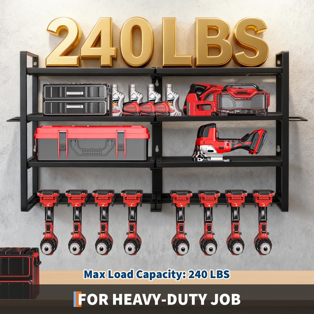 Wall Mount 4-Layer Power Tool Organizer 8 Drill Holders Drill Bit Rack for Garag