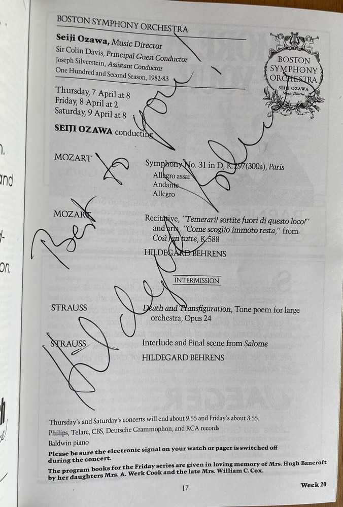 Boston Symphony Orchestra Hildegard Behrens Autographed Program