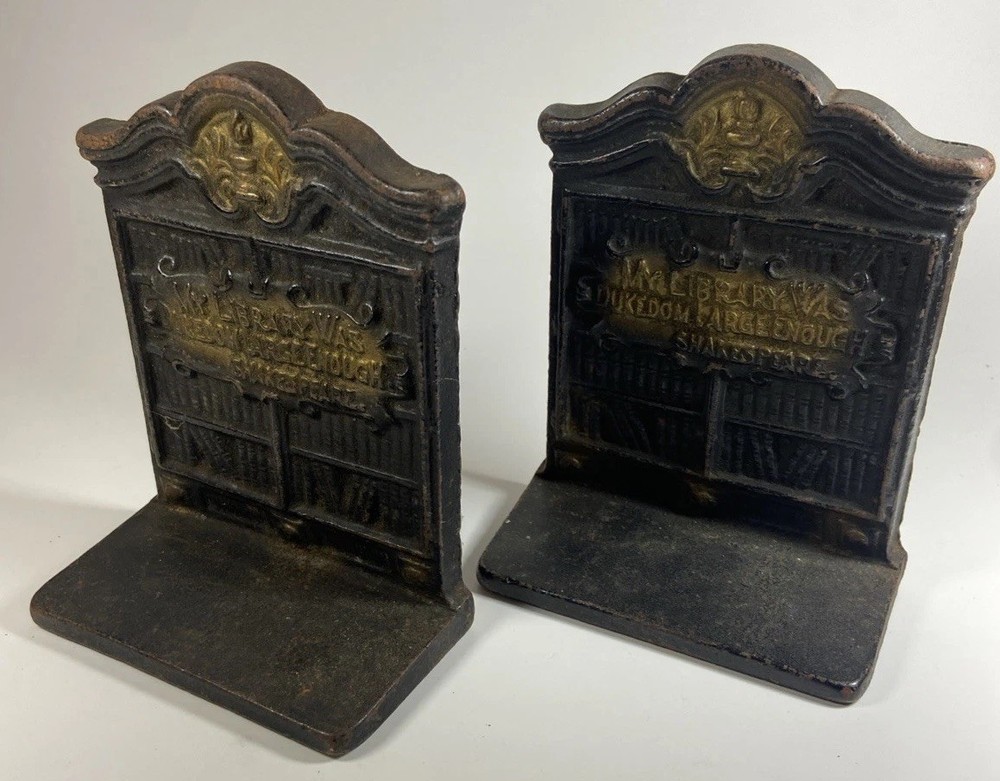 Vtg Cast Iron Bookend Set - Shakespeare Library Theme