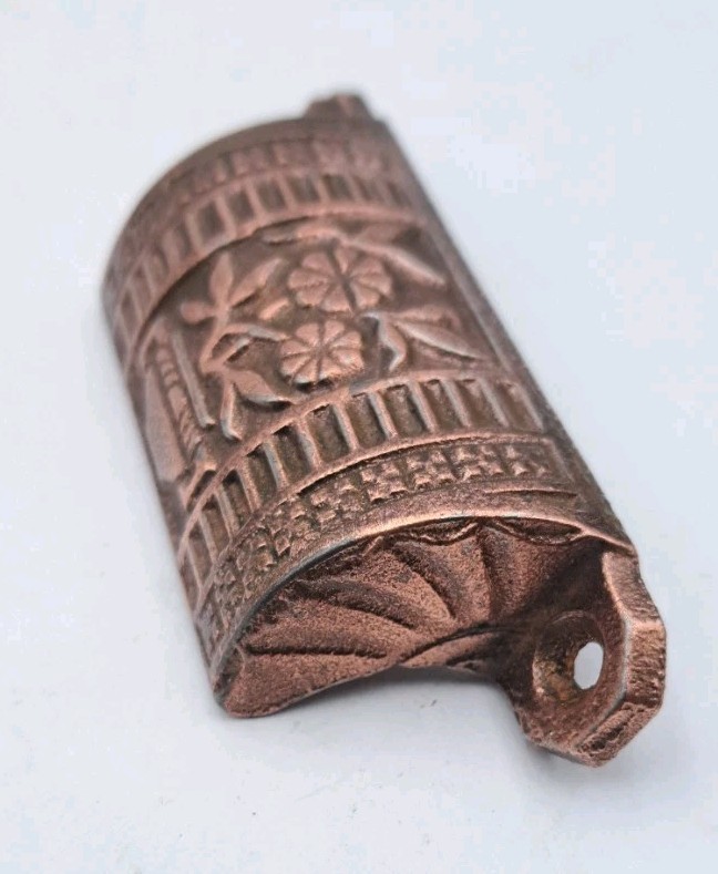 Antique Bin Pull of Flowers Drawer Pull Old Vintage Cast Iron Handle Hardware