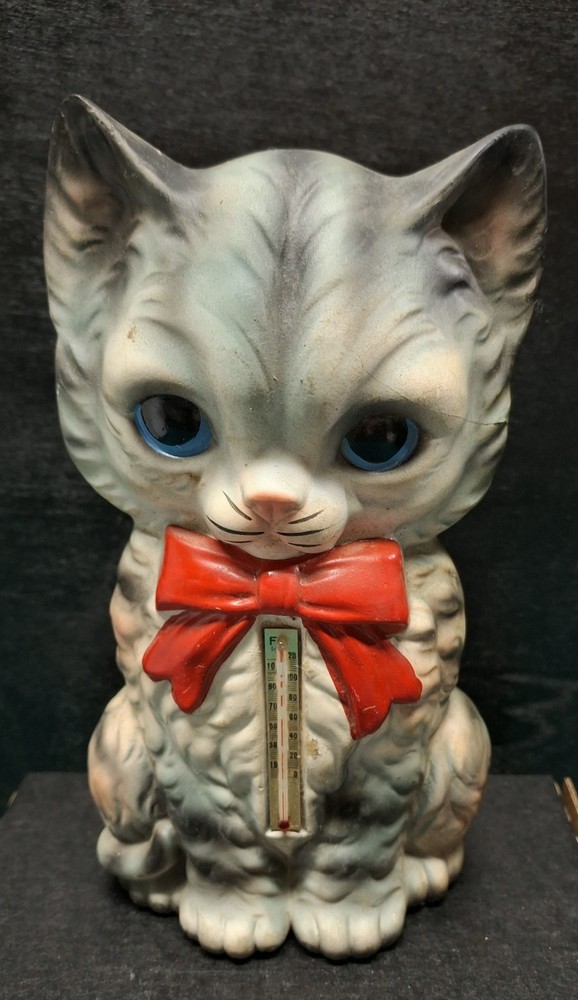 Vintage Gray Cat Chalkware Thermometer 7.5"