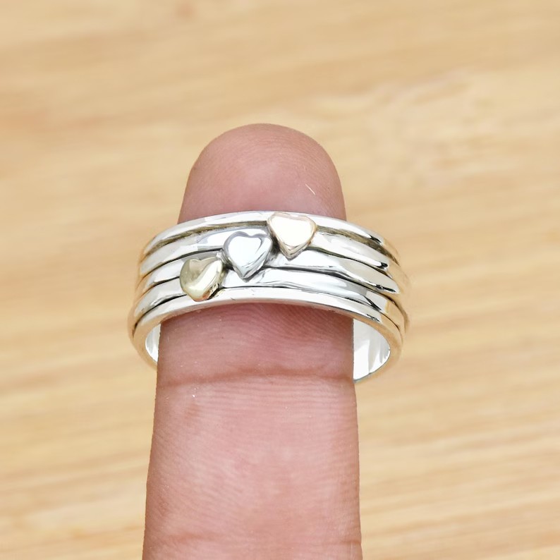 Solid 925 Sterling Silver Heart Spinner Meditation Worry Three-Color Mixed Ring