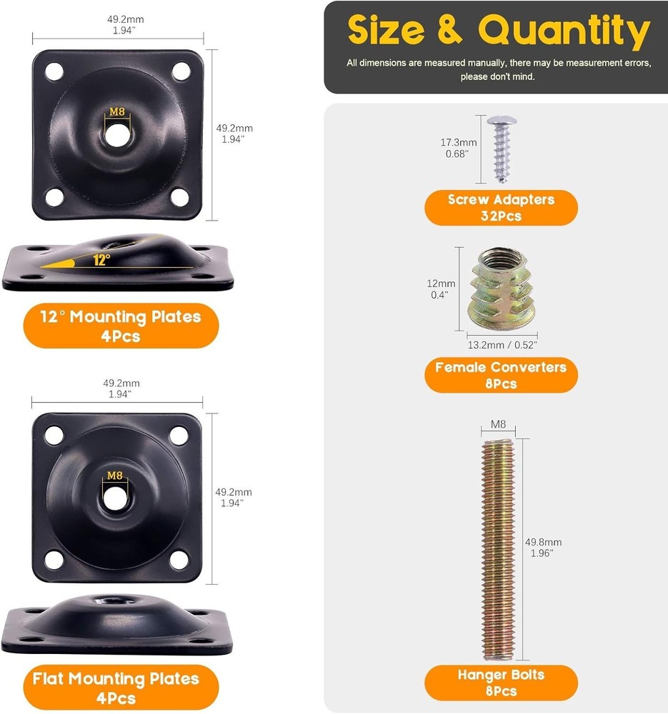 Durable Black Flat & Angled Leg Mounting Plates for Sofas - Easy Install Kit