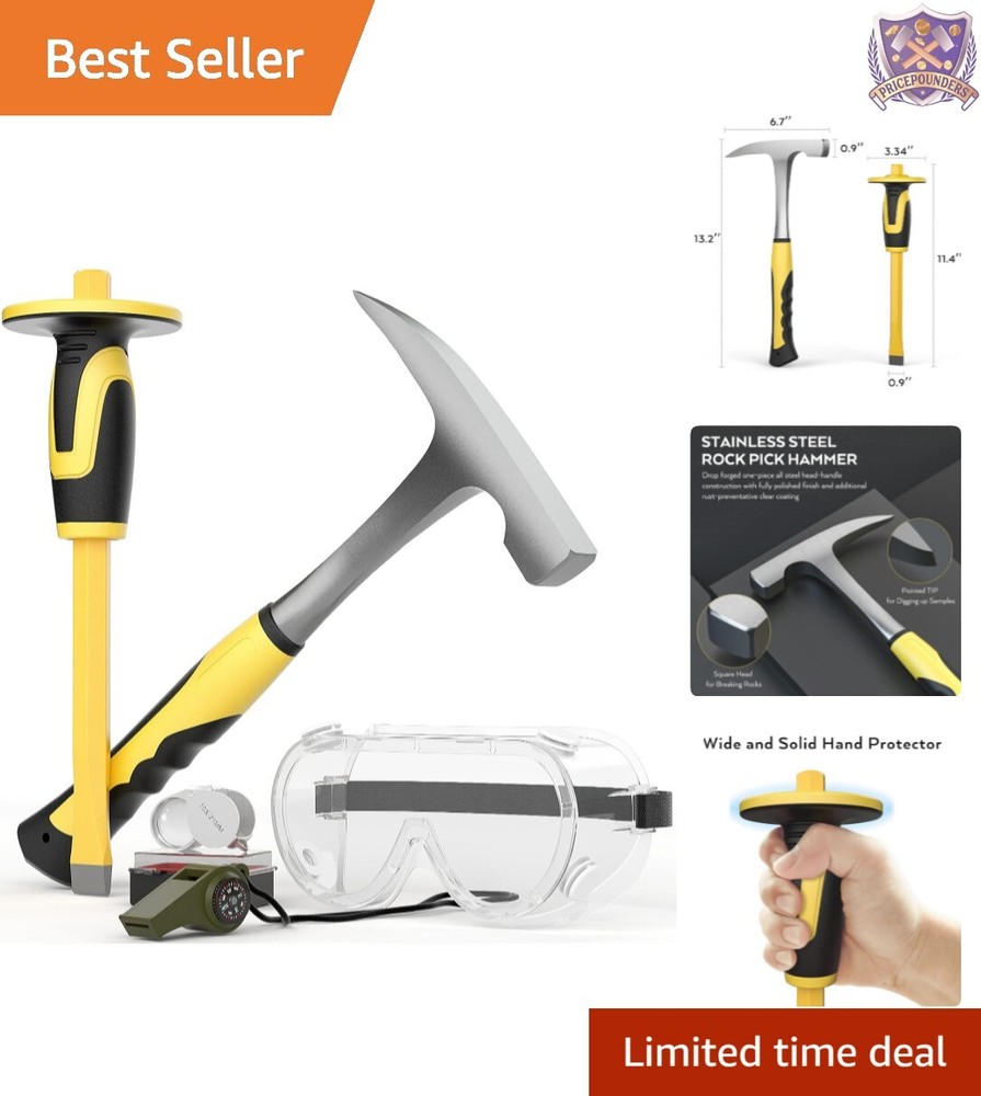 Ergonomic Rock Hammer & Chisel Kit for Gem Collectors - 5 Essential Tools