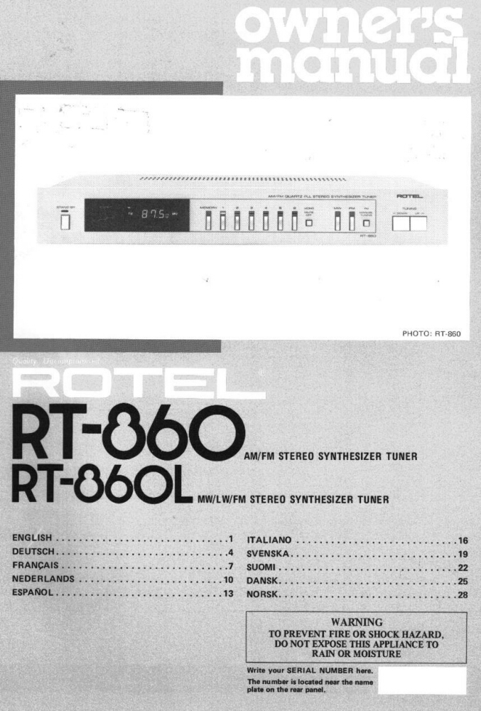Rotel RT-860L Tuner Owners Manual