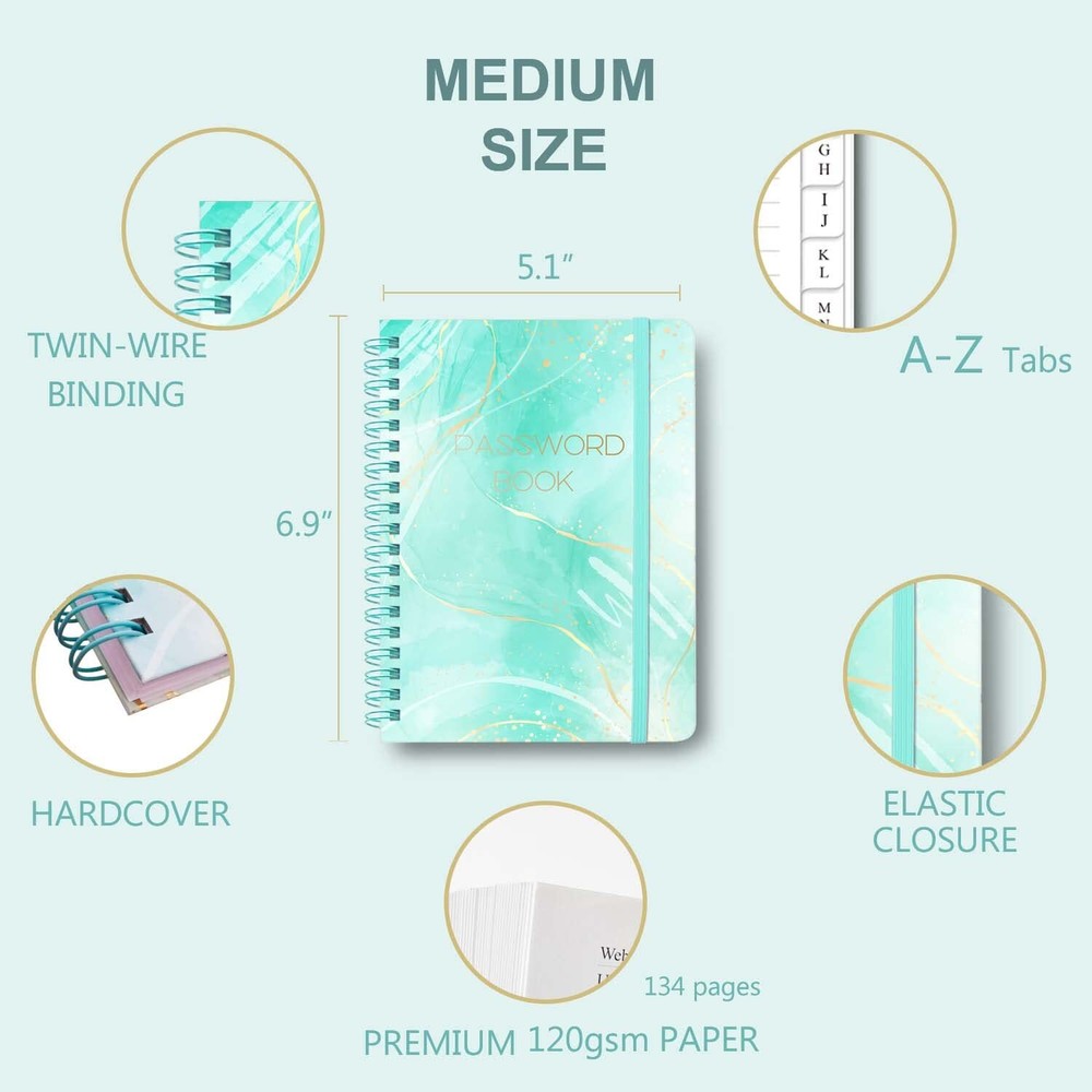 Password Book with Alphabetical Tabs - Spiral Password Notebook for Internet