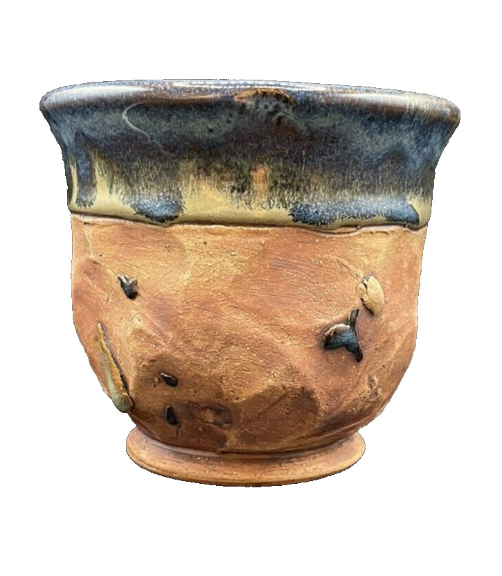 Studio Art Pottery Red Clay Drip Glaze Abstract Design Planter