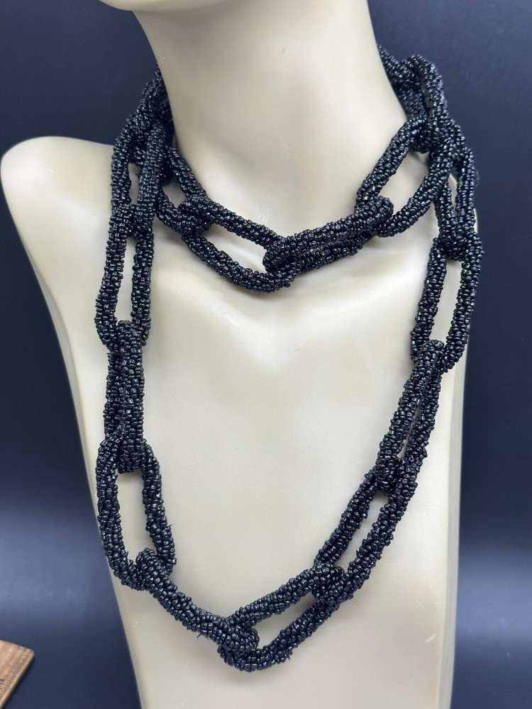 ESTATE HUGE STATEMENT BLACK SEED BEAD SEEDBEAD CHAIN NECKLACE 40"