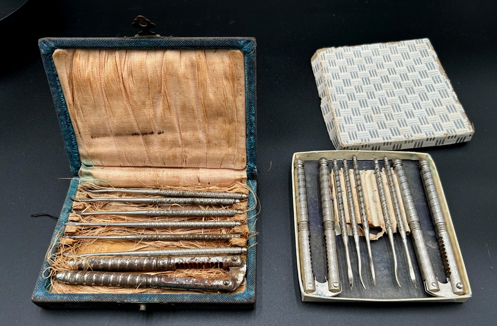 2 Vintage HMQ Metal Nut Cracker Sets. One Case