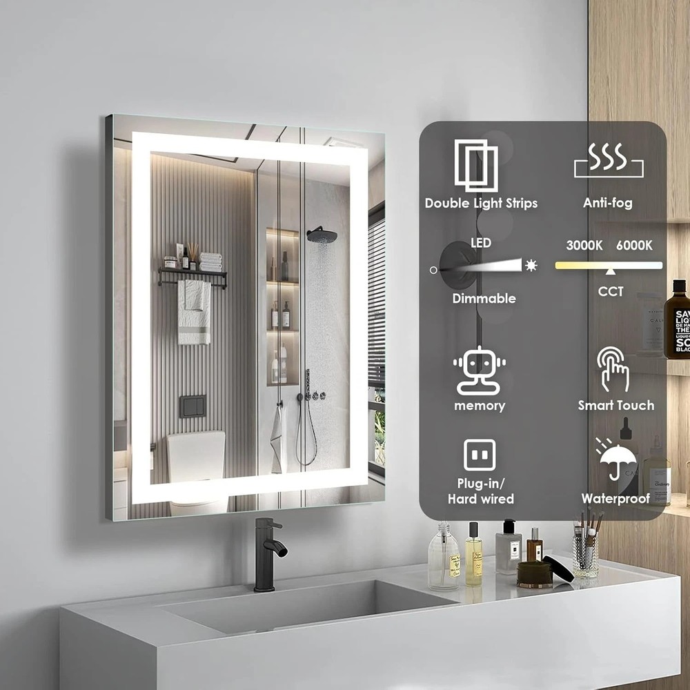 Modern Rectangular LED Vanity Mirror - 16x24, Waterproof & Memory Function