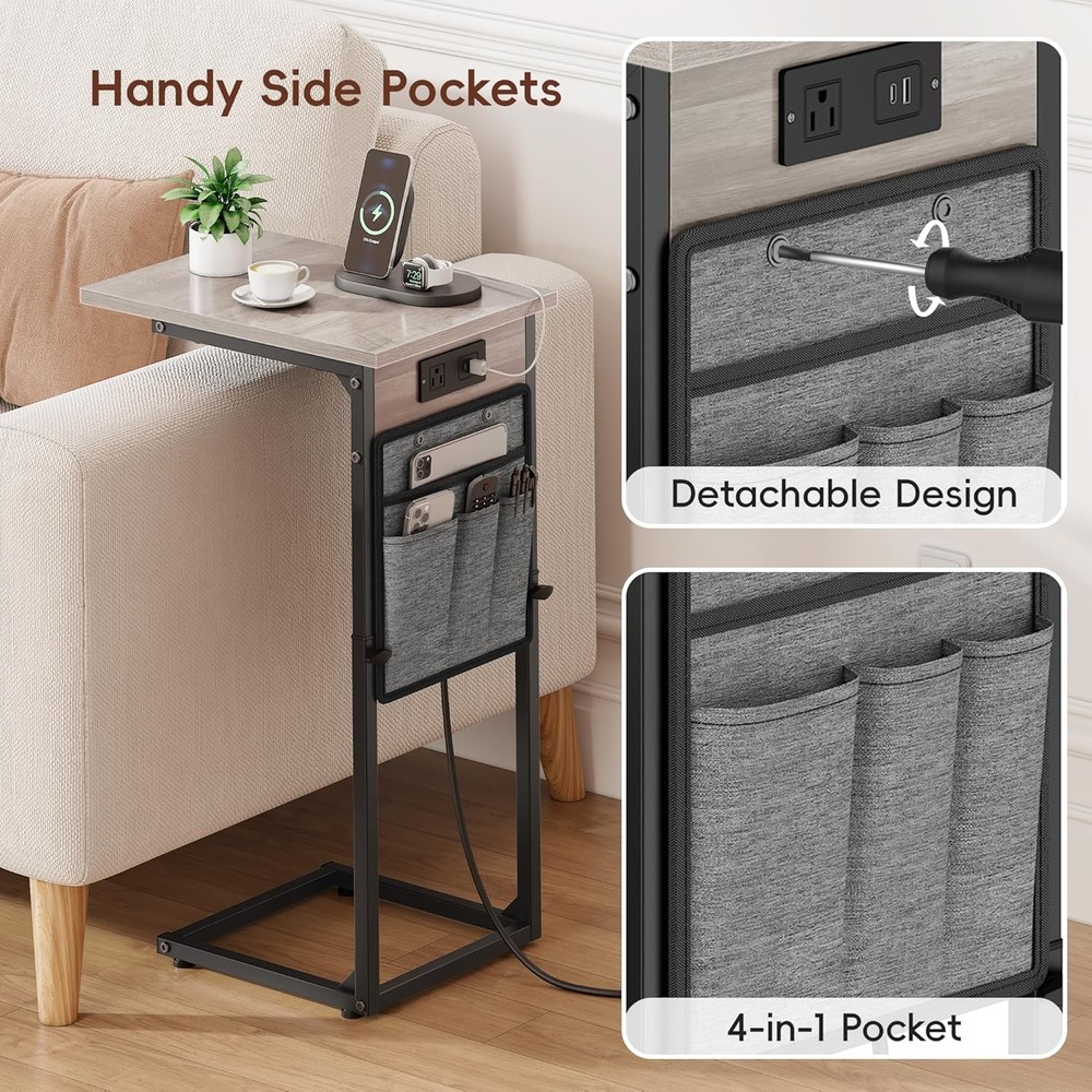 C Shaped End Table W/ Charging Station Adjustable Height Side Table Couch