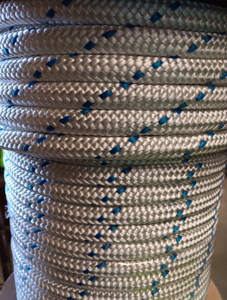 1/2 " x 100 ft. Double Braid-Yacht Braid Nylon Rope. White W/ Blue Trace