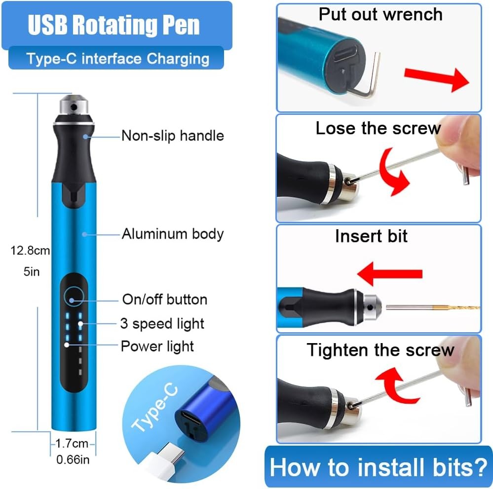 3D Printing Tools Kit,3D Printer Accessories, 3-Speed USB Rotary Tool with Bits