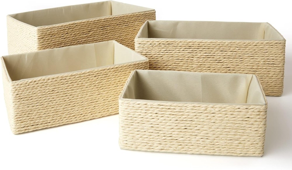 Storage Baskets Set 4 Stackable Woven Basket Paper Rope Bin Storage Boxes Makeup
