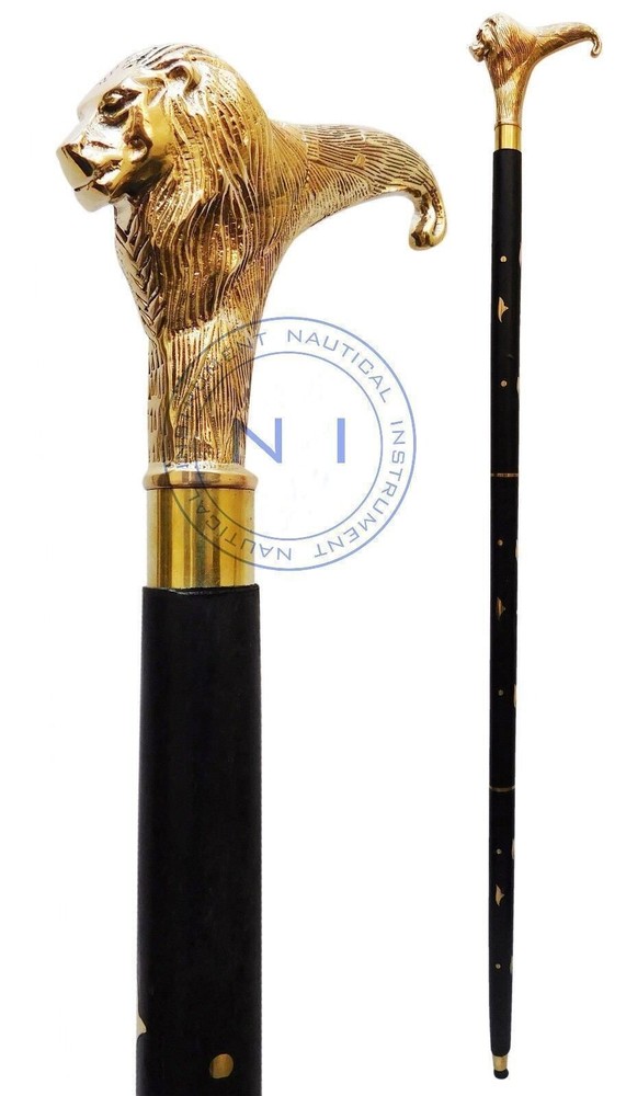 Vintage Lion head Brass Handle Wood Walking Stick Cane LOOking Style Solid Gift