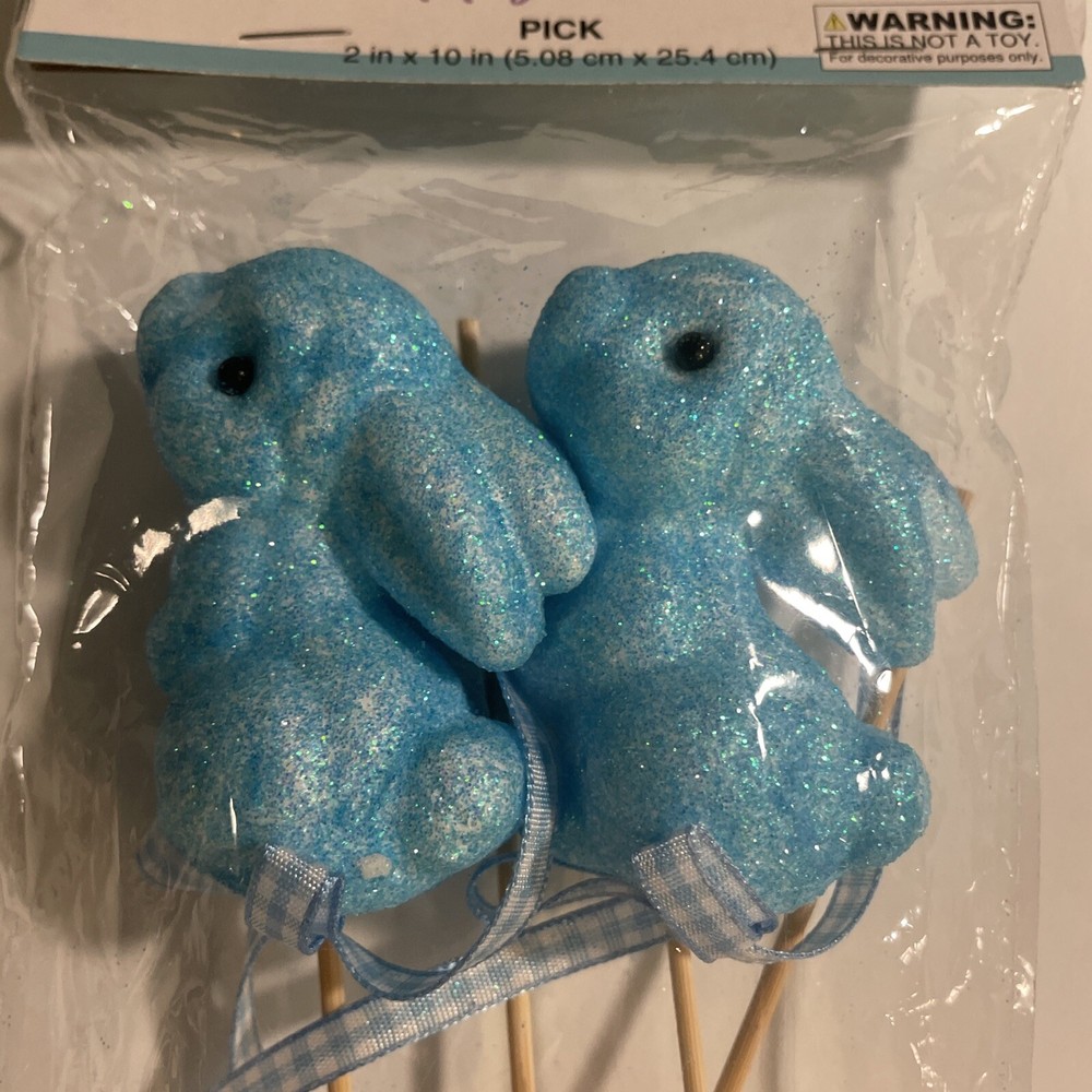 Blue Easter Bunny And Eggs Glittered Picks New