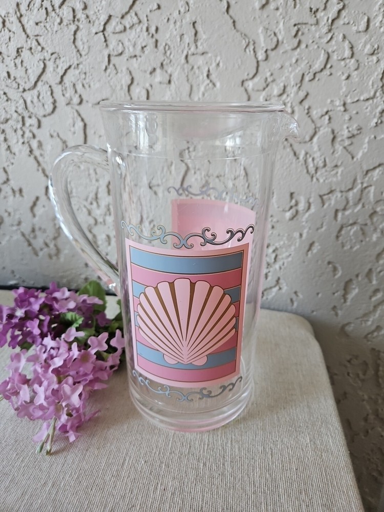 Shell Scroll Seaside 2 Quart Pitcher Clear Sturdy Plastic Beach House Kitchen