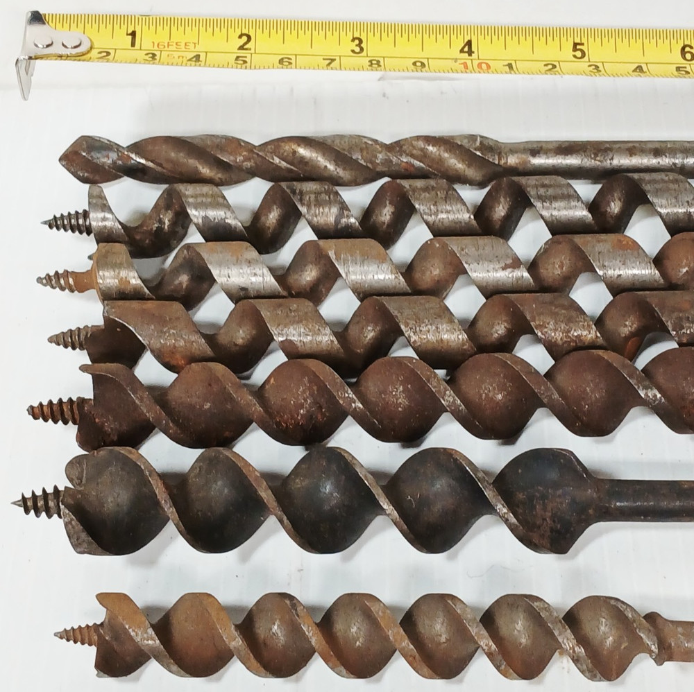 (6) Large Long Antique Auger Drill Bits Woodworking Tools, 9"-17"